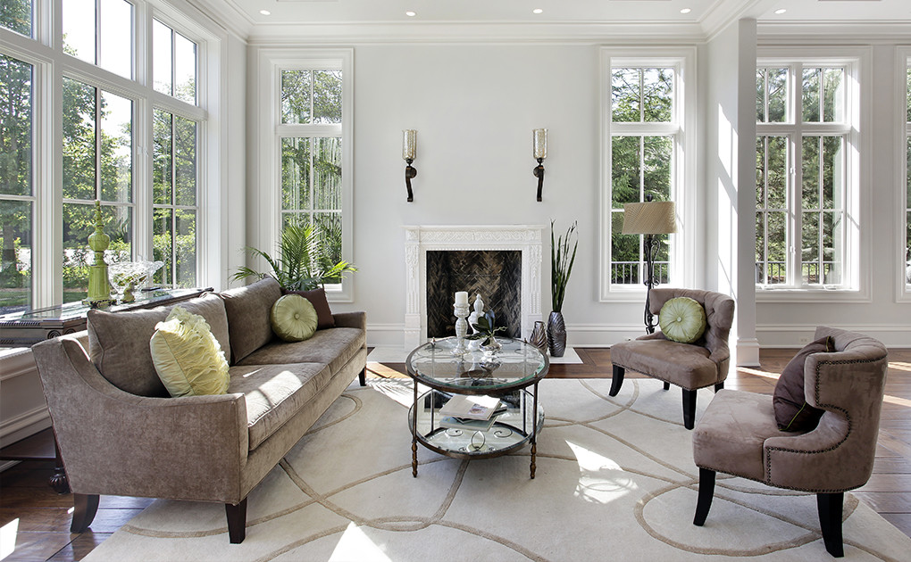 Luxury living room with fireplace in neutral colors